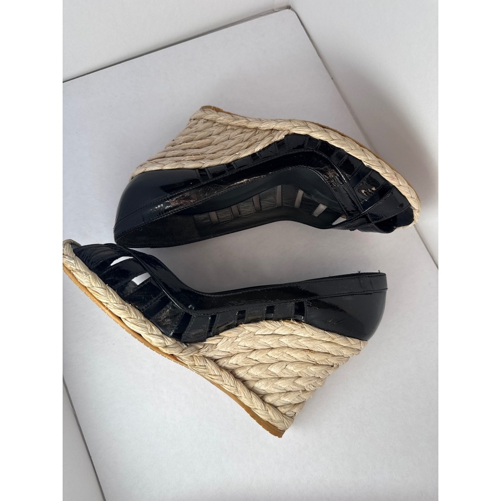Stuart Weitzman Wedge Sandals Womens 6.5 Black Patent Espadrille Caged Peep Toe - Picture 11 of 11